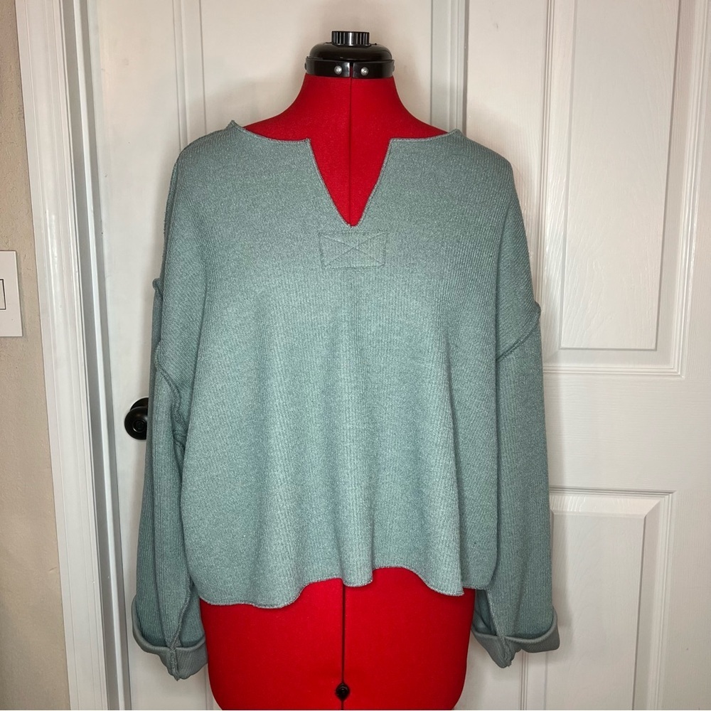 Urban Outfitters Jax Inside Out Notch Neck Ribbed Shirt Green Womens M